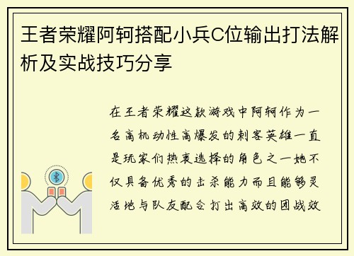 王者荣耀阿轲搭配小兵C位输出打法解析及实战技巧分享